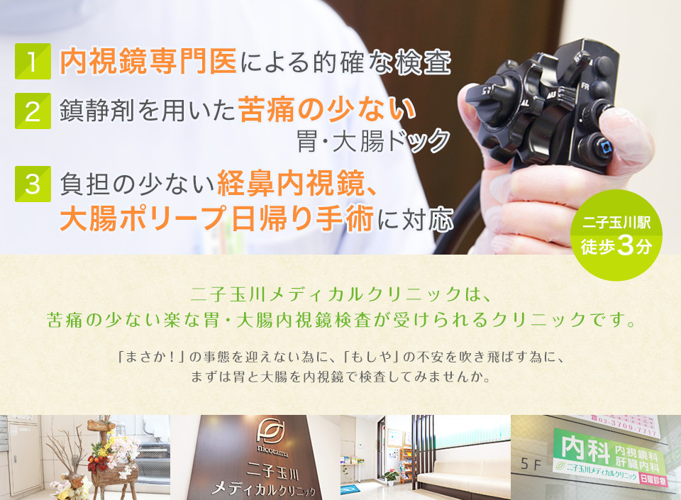 1.症状により保険適用の内視鏡検査2.苦痛の少ない経鼻内視鏡、大腸ポリープ日帰り手術に対応3.専門医による胃・大腸ドック